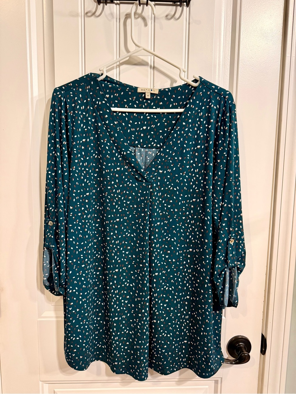 Beacon Teal Blouse with White and Brown Spot Print - 1X